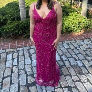 Primavera 3793 V-neck Beaded Gown Prom Formal Dress Fuschia sz 14